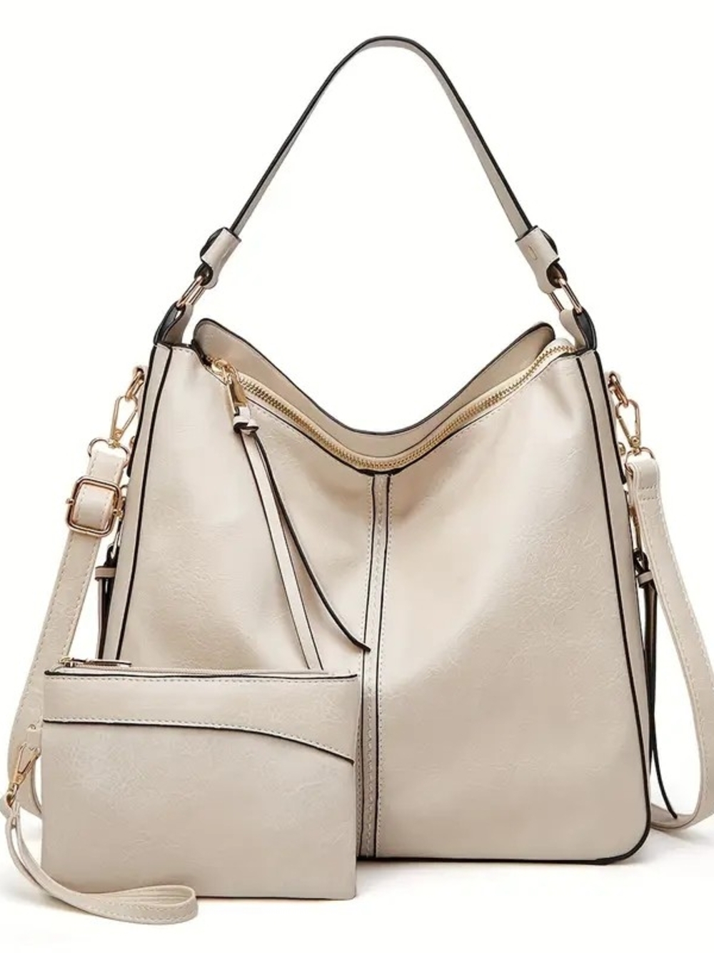 High Quality Faux Leather Cream Colored Hobo Shoulder Bag with Removable Pouch